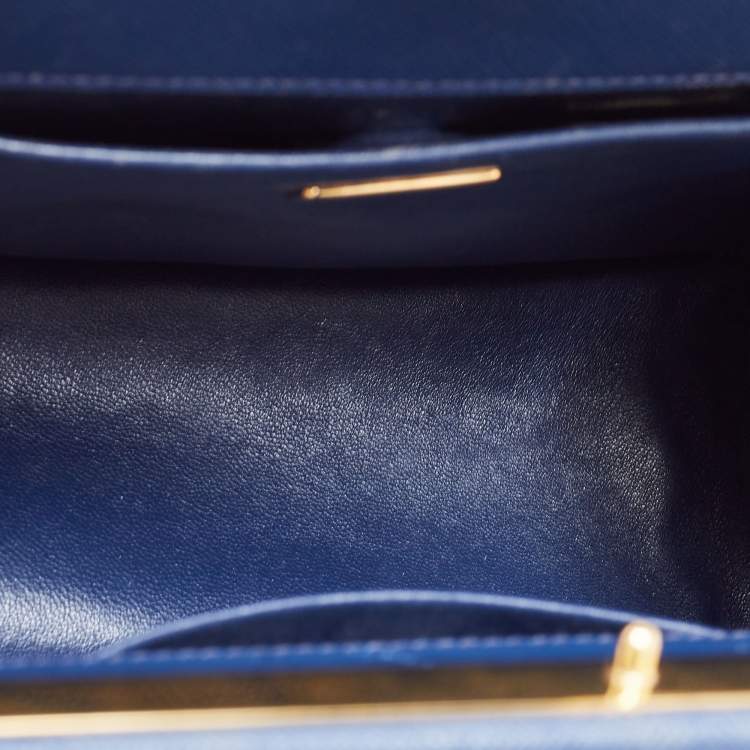 Pre Owned Prada Blue Logo Embossed Saffiano Lux Leather Frame Top Handle Bag