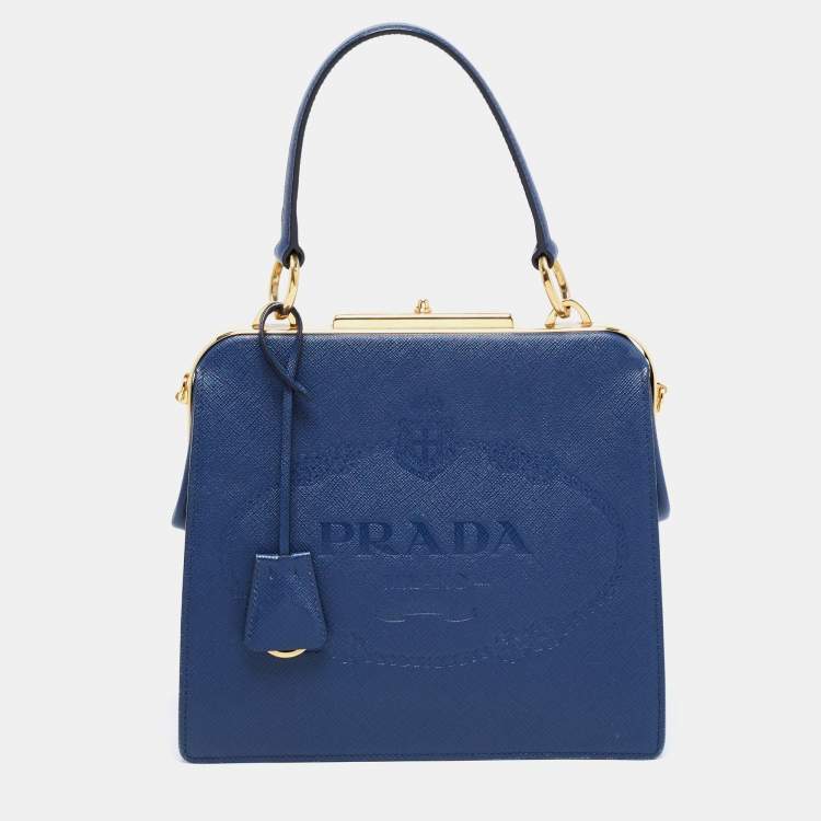 Pre Owned Prada Blue Logo Embossed Saffiano Lux Leather Frame Top Handle Bag