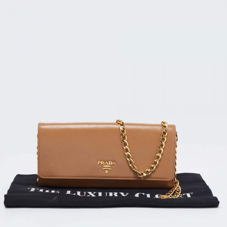 Pre Owned Prada Beige Vitello Move Leather Wallet on Chain