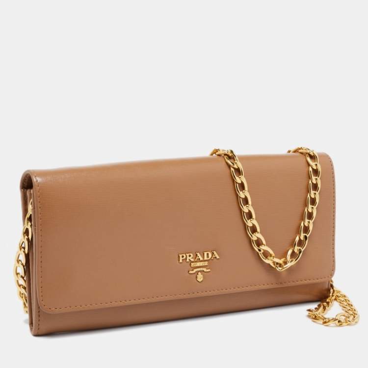 Pre Owned Prada Beige Vitello Move Leather Wallet on Chain