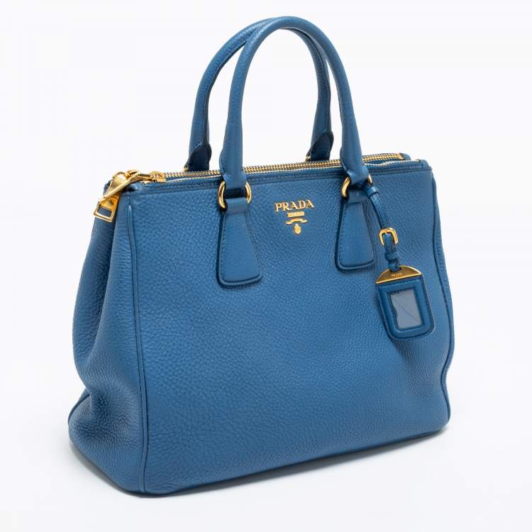 Pre Owned Prada Blue Vitello Daino Leather Double Zip Tote