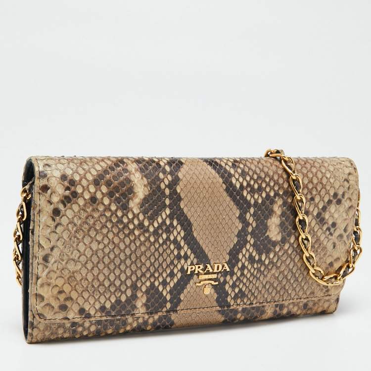 Pre Owned Prada Beige/brown Python Oro Flap Wallet On Chain