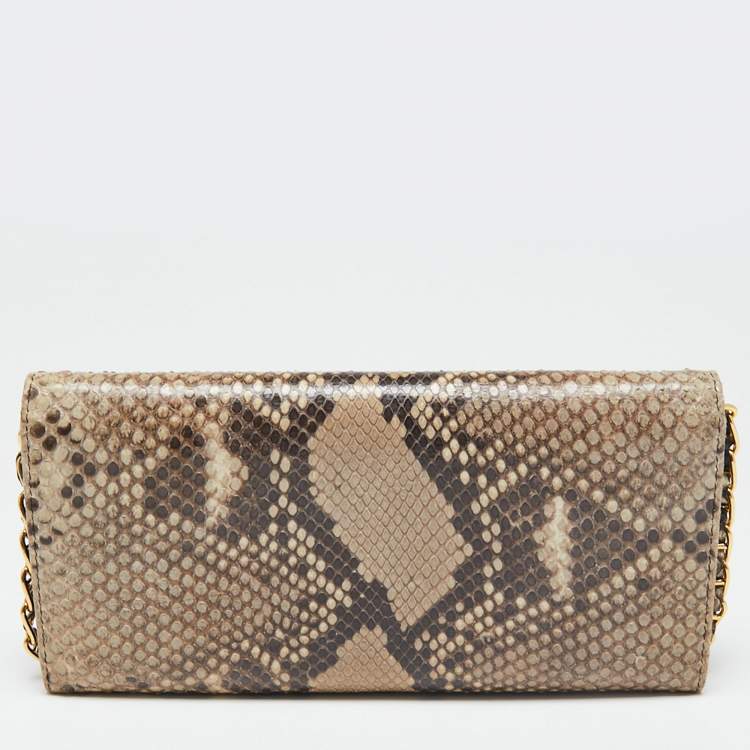 Pre Owned Prada Beige/brown Python Oro Flap Wallet On Chain