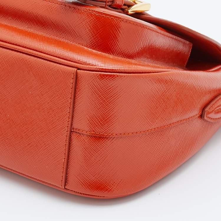 Pre Owned Prada Orange Saffiano Patent Leather Messenger Bag
