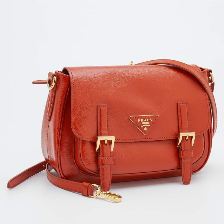 Pre Owned Prada Orange Saffiano Patent Leather Messenger Bag