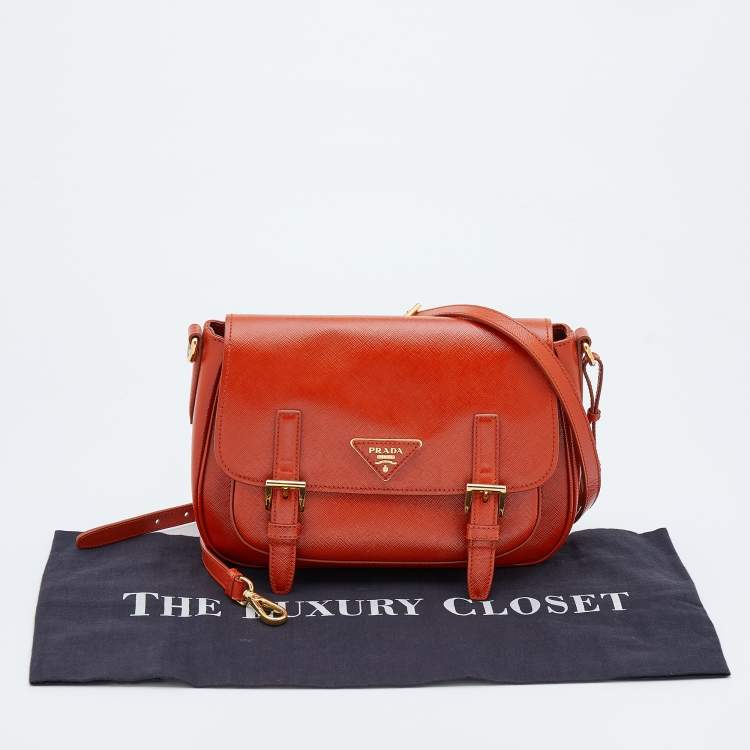Pre Owned Prada Orange Saffiano Patent Leather Messenger Bag