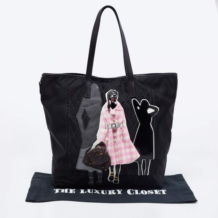 Pre Owned Prada Black Leather And Nylon Tessuto Robot Tote 