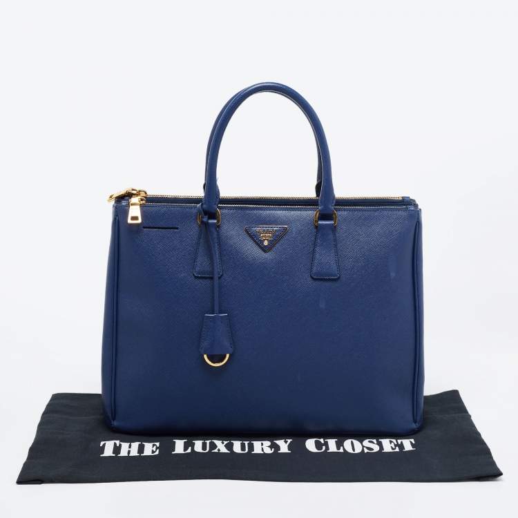 Pre Owned Prada Blue Saffiano Lux Leather Large Galleria Double Zip Tote