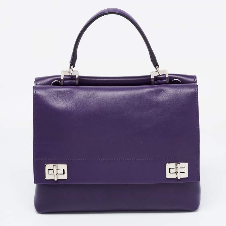 Pre Owned Prada Purple City Leather Turnlock Top Handle Bag
