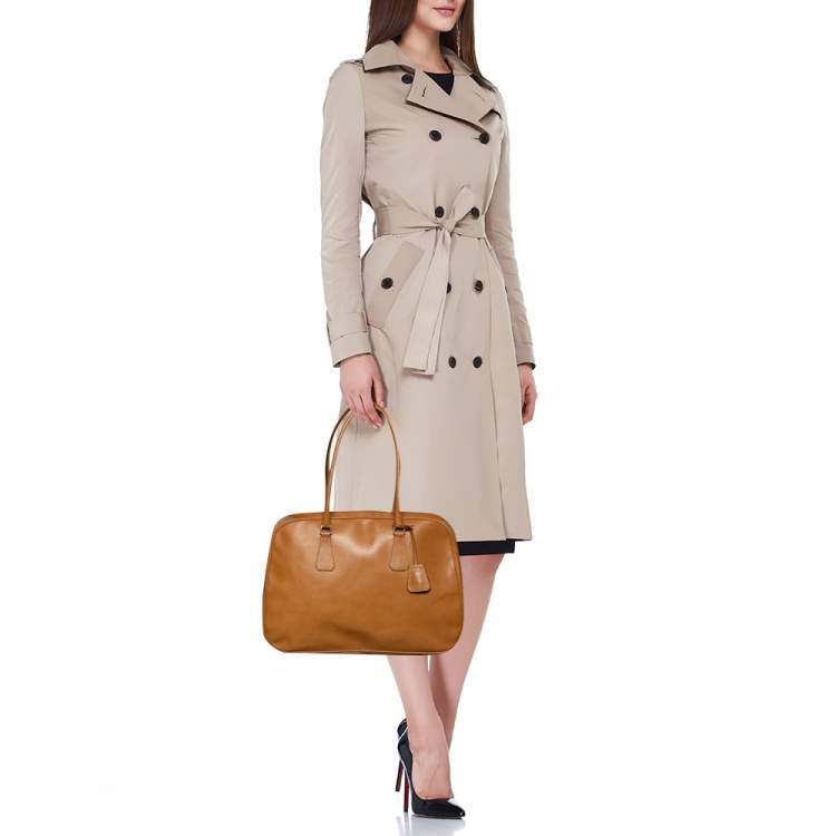 Pre Owned Prada Light Brown Leather Boston Bag