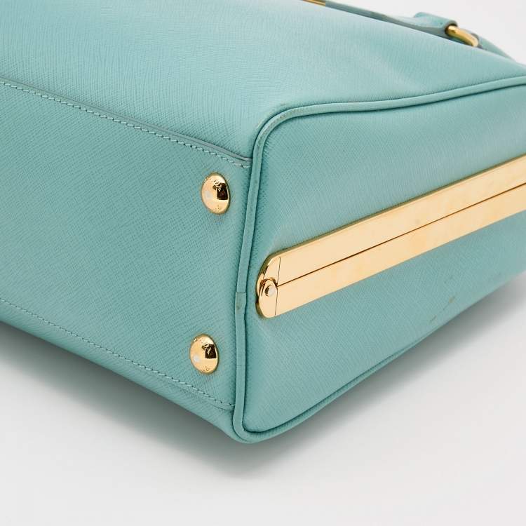 Pre Owned Prada Turquoise Blue Saffiano Leather Pyramid Frame Satchel