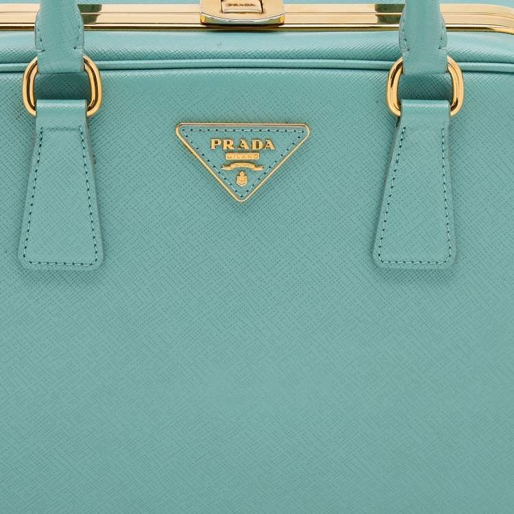 Pre Owned Prada Turquoise Blue Saffiano Leather Pyramid Frame Satchel