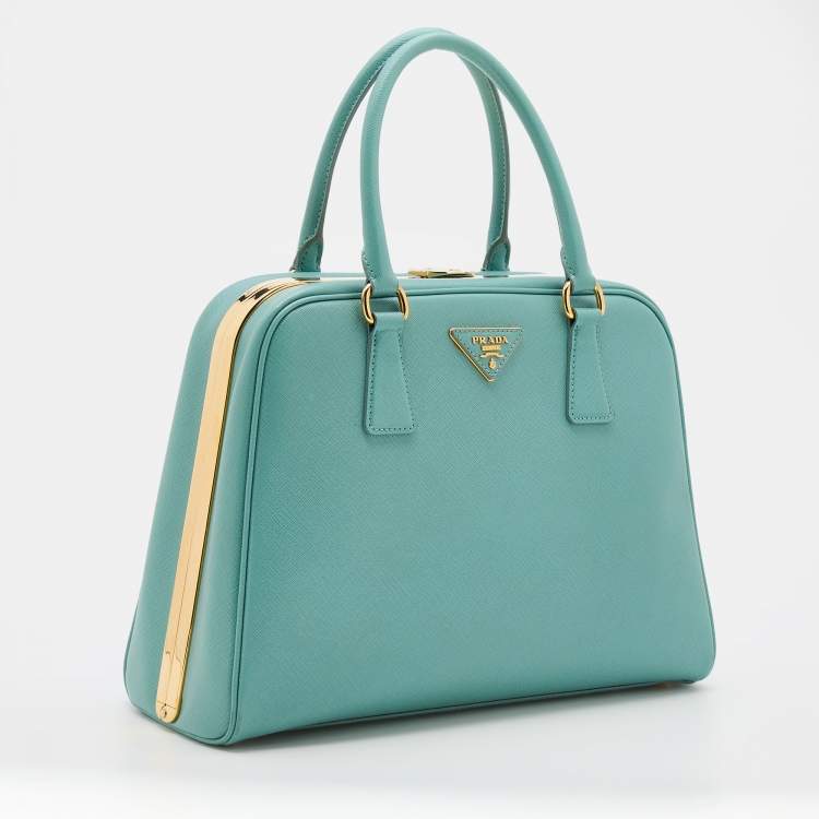 Pre Owned Prada Turquoise Blue Saffiano Leather Pyramid Frame Satchel