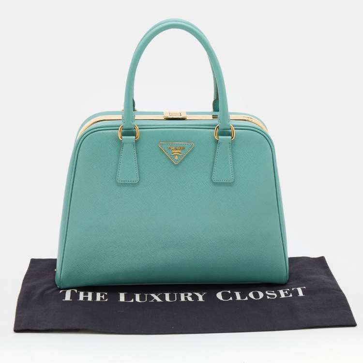 Pre Owned Prada Turquoise Blue Saffiano Leather Pyramid Frame Satchel