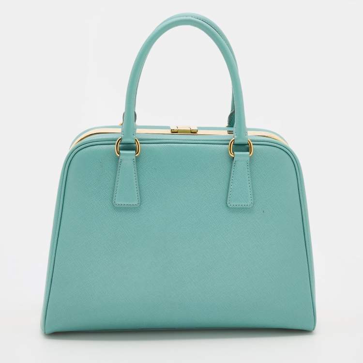 Pre Owned Prada Turquoise Blue Saffiano Leather Pyramid Frame Satchel