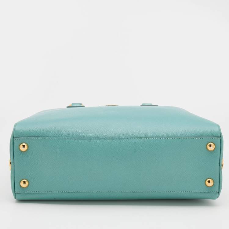 Pre Owned Prada Turquoise Blue Saffiano Leather Pyramid Frame Satchel