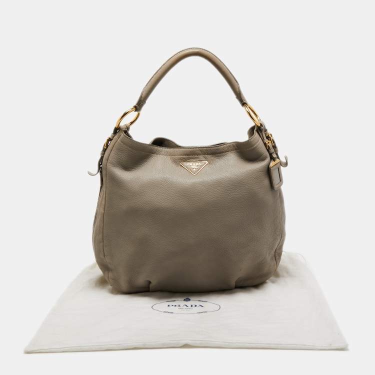 Pre Owned Prada Grey Vitello Daino Leather Large Side Pocket Zip Hobo