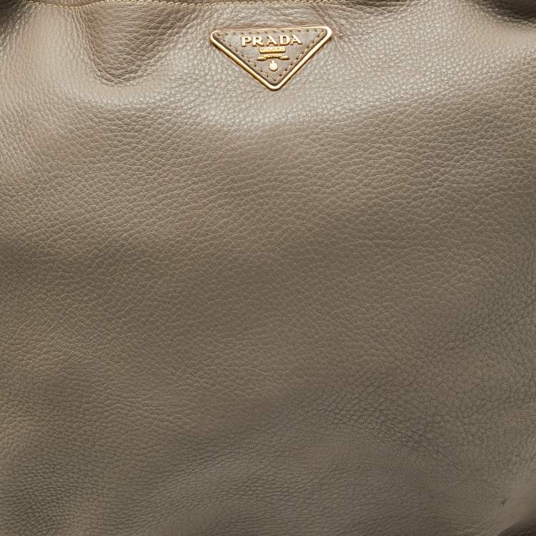 Pre Owned Prada Grey Vitello Daino Leather Large Side Pocket Zip Hobo