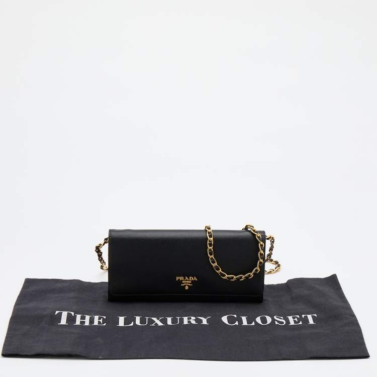 Pre Owned Prada Black Saffiano Lux Leather Wallet on Chain