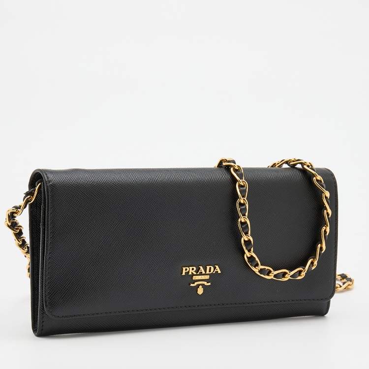 Pre Owned Prada Black Saffiano Lux Leather Wallet on Chain