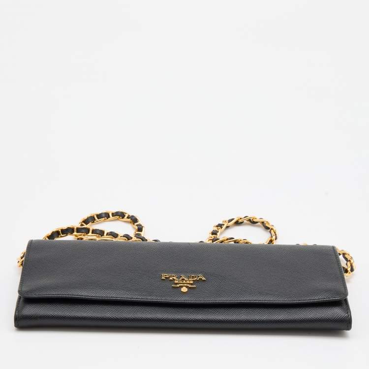 Pre Owned Prada Black Saffiano Lux Leather Wallet on Chain