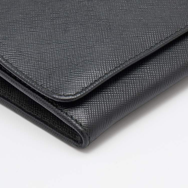 Pre Owned Prada Black Saffiano Lux Leather Wallet on Chain