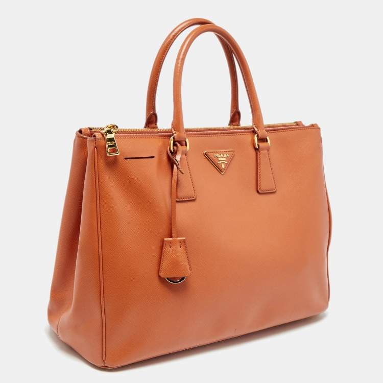Pre Owned Prada Orange Saffiano Lux Leather Large Galleria Double Zip Tote