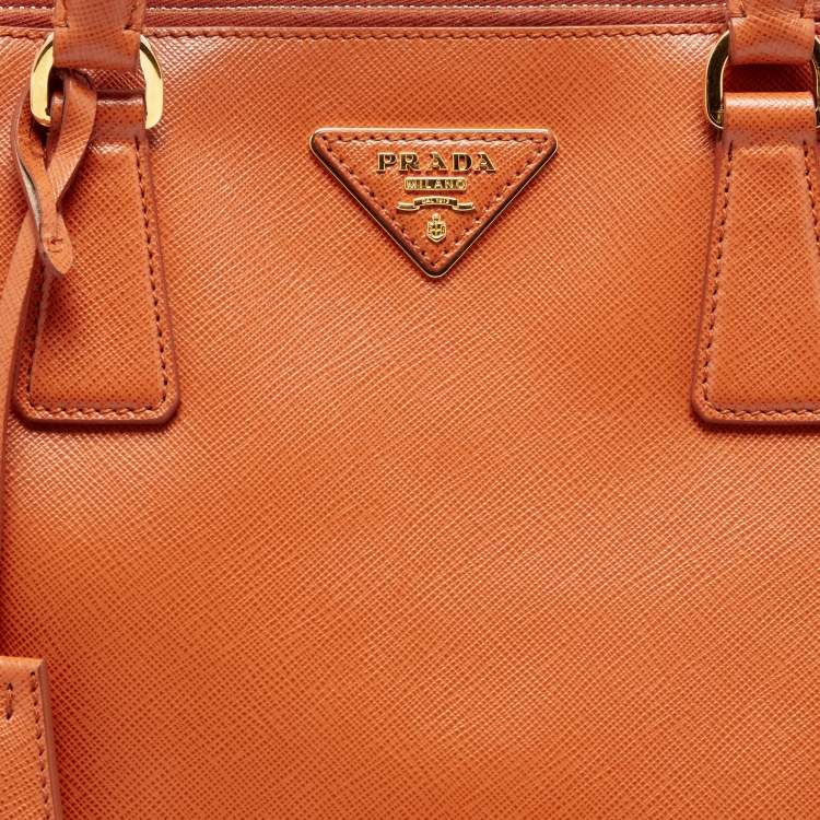 Pre Owned Prada Orange Saffiano Lux Leather Large Galleria Double Zip Tote