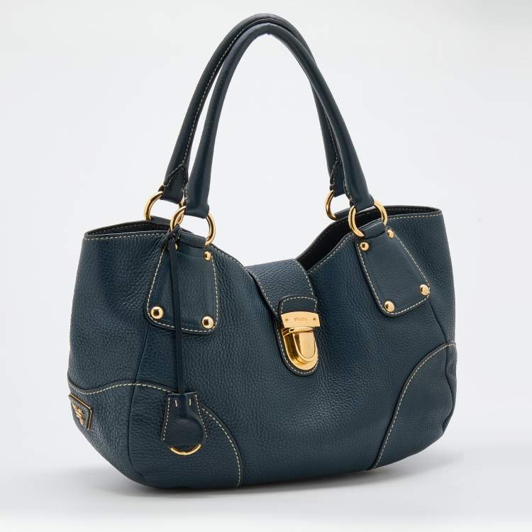 Pre Owned Prada Blue Vitello Daino Leather Tote
