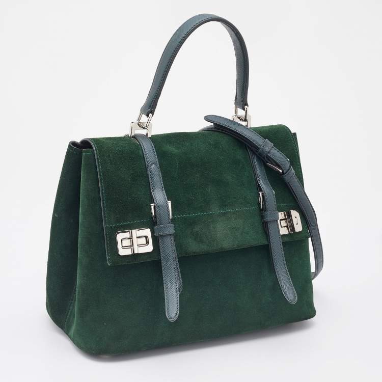 Pre Owned Prada Green Suede Top Handle Bag