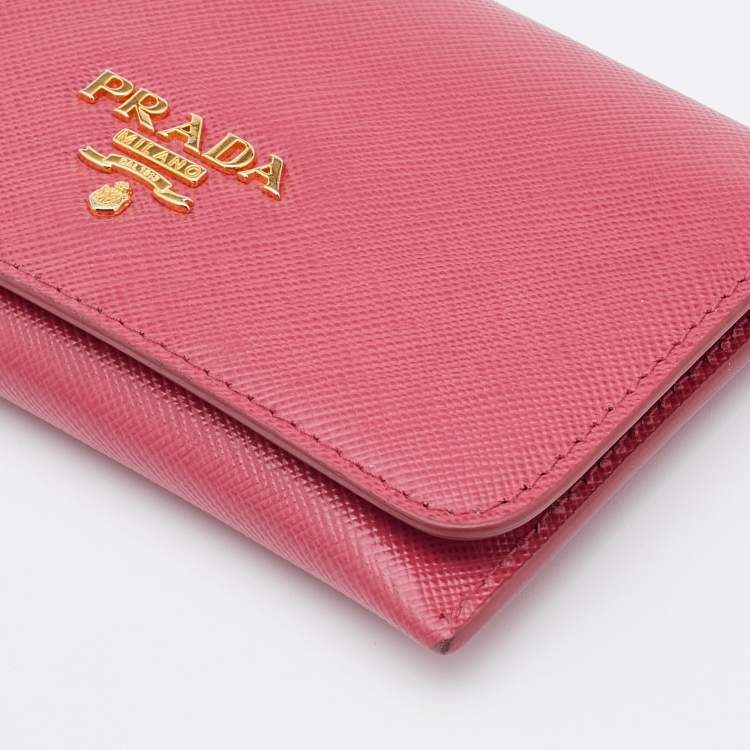 Pre Owned Prada Pink Saffiano Leather Flap Card Case 