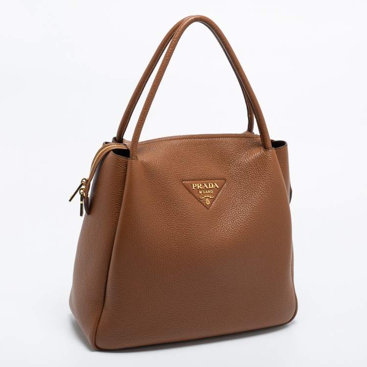 Pre Owned Prada Brown Vitello Daino Soft Leather Top Zip Tote