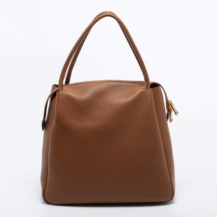 Pre Owned Prada Brown Vitello Daino Soft Leather Top Zip Tote