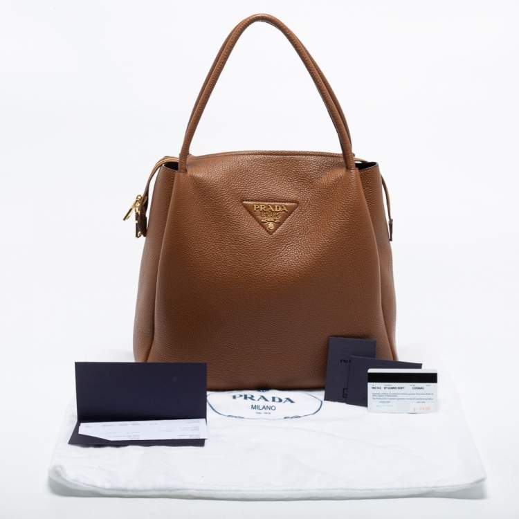 Pre Owned Prada Brown Vitello Daino Soft Leather Top Zip Tote