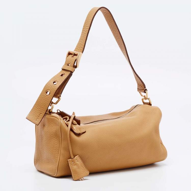 Pre Owned Prada Tan Daino Leather Top Zip Shoulder Bag