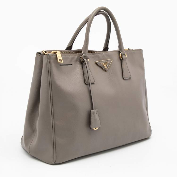 Pre Owned Prada Dark Beige Saffiano Lux Leather Large Galleria Double Zip Tote