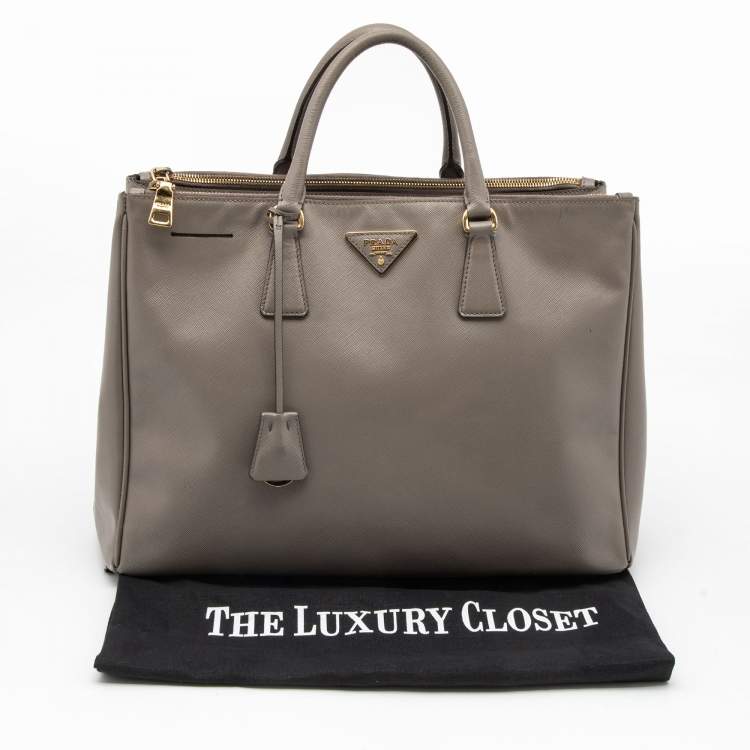 Pre Owned Prada Dark Beige Saffiano Lux Leather Large Galleria Double Zip Tote