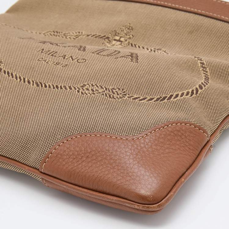 Pre Owned Prada Brown Canvas And Leather Canapa Logo Shoulder Bag