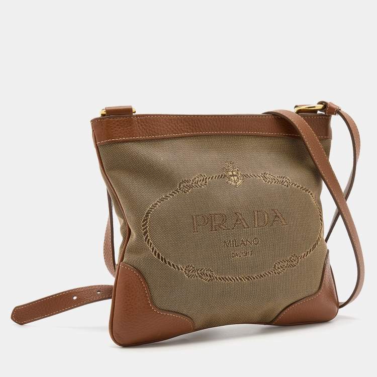 Pre Owned Prada Brown Canvas And Leather Canapa Logo Shoulder Bag