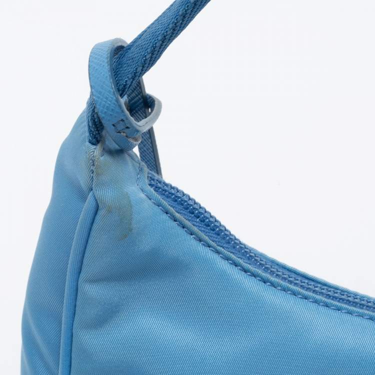 Pre Owned Prada Light Blue Tessuto Nylon Mini Re-Edition 2000 Baguette Bag