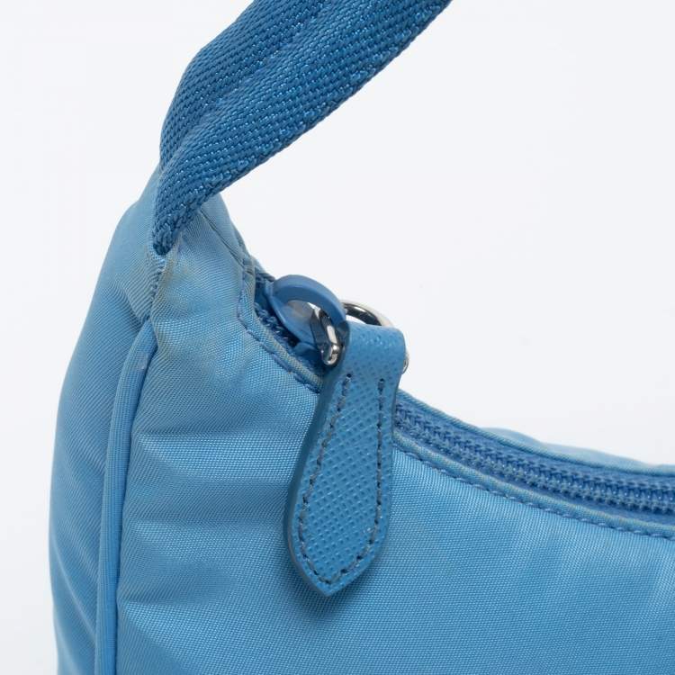 Pre Owned Prada Light Blue Tessuto Nylon Mini Re-Edition 2000 Baguette Bag