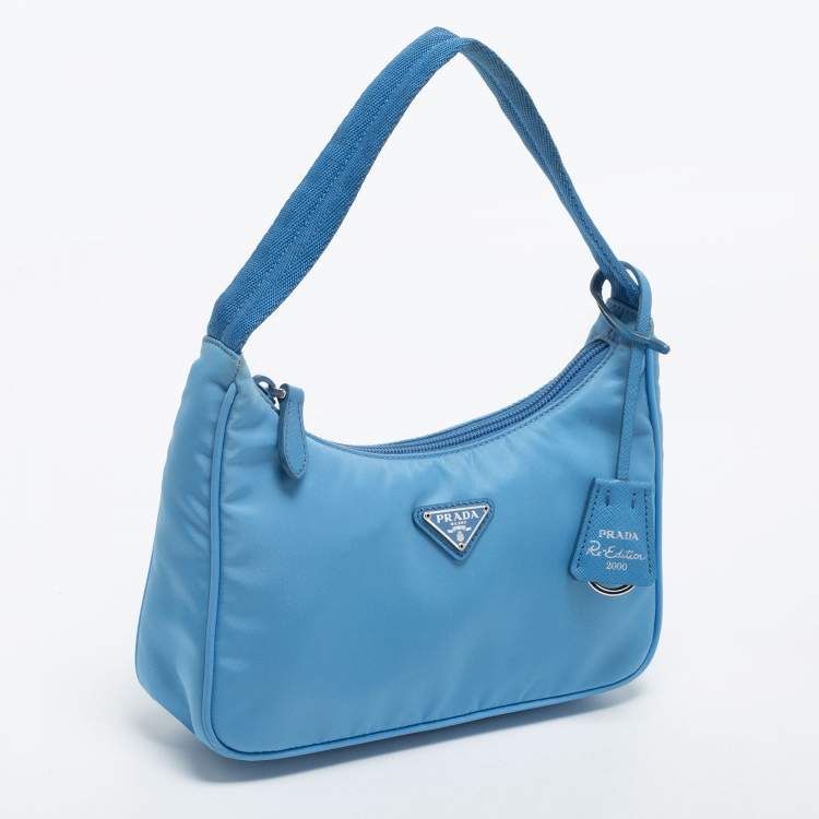 Pre Owned Prada Light Blue Tessuto Nylon Mini Re-Edition 2000 Baguette Bag