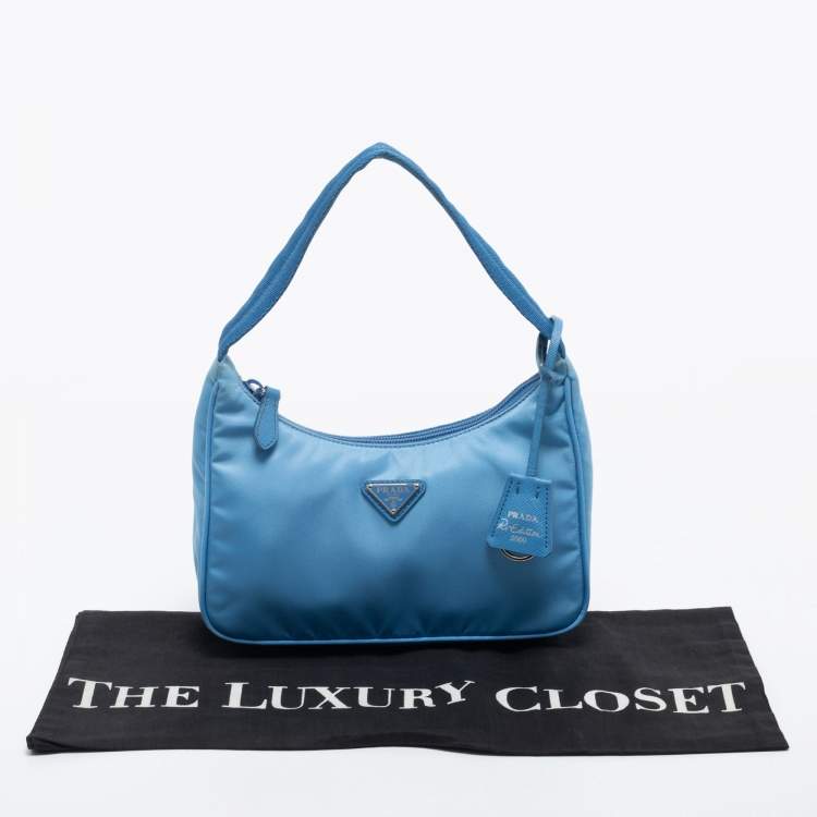 Pre Owned Prada Light Blue Tessuto Nylon Mini Re-Edition 2000 Baguette Bag