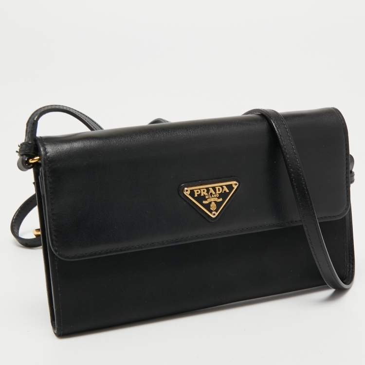 Pre Owned Prada Black Nylon and Leather Logo Flap Wallet on Strap