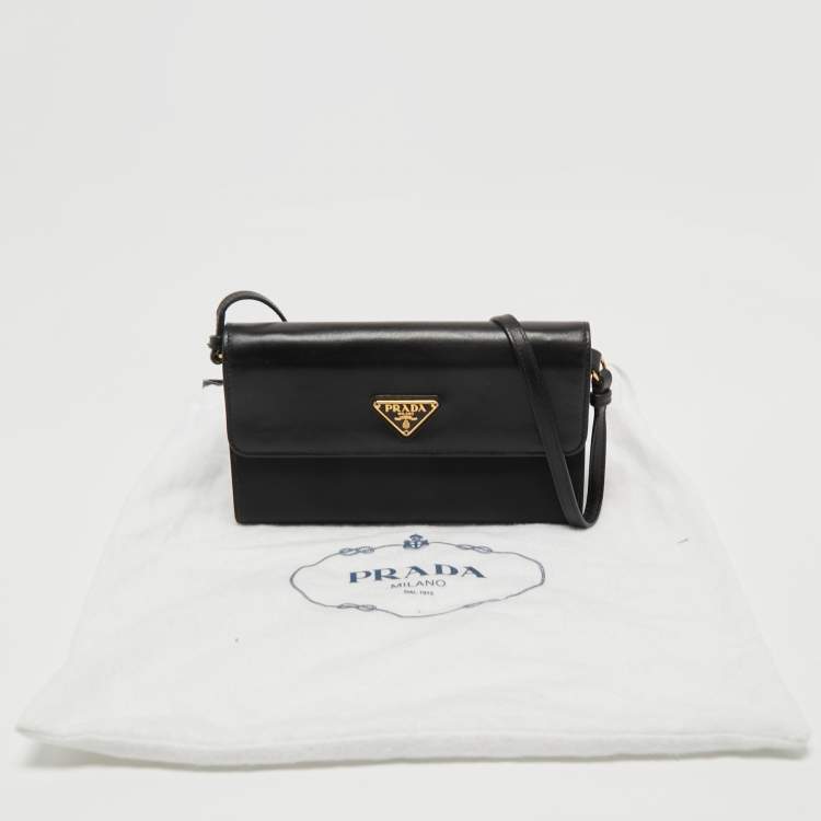 Pre Owned Prada Black Nylon and Leather Logo Flap Wallet on Strap