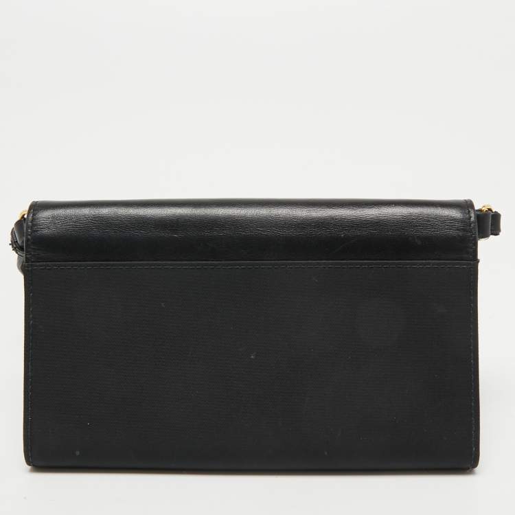 Pre Owned Prada Black Nylon and Leather Logo Flap Wallet on Strap