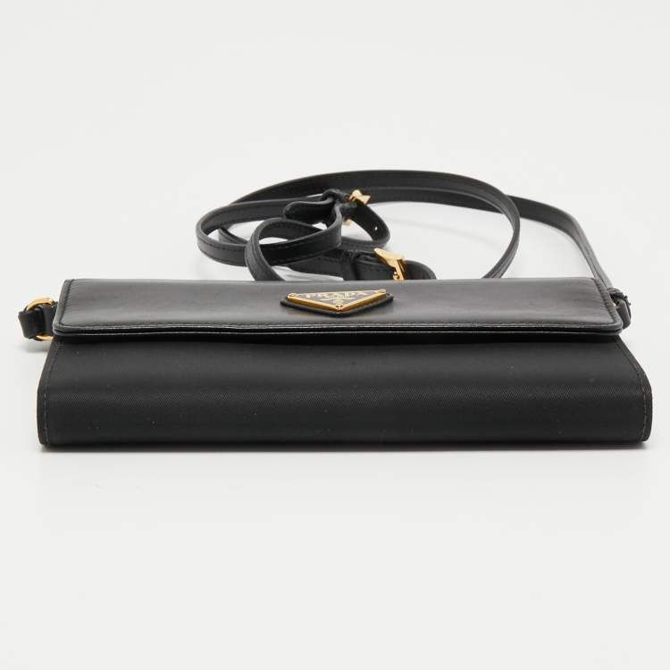 Pre Owned Prada Black Nylon and Leather Logo Flap Wallet on Strap