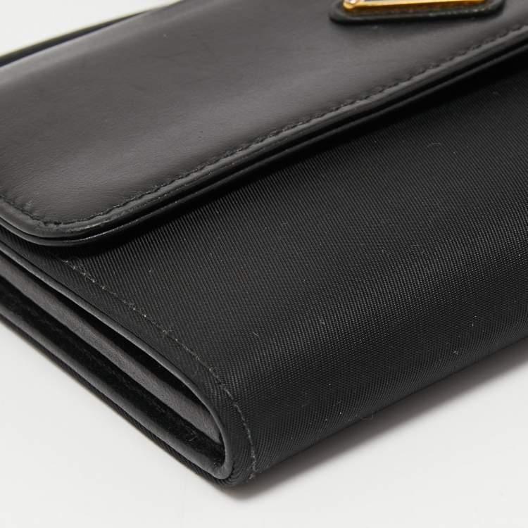 Pre Owned Prada Black Nylon and Leather Logo Flap Wallet on Strap