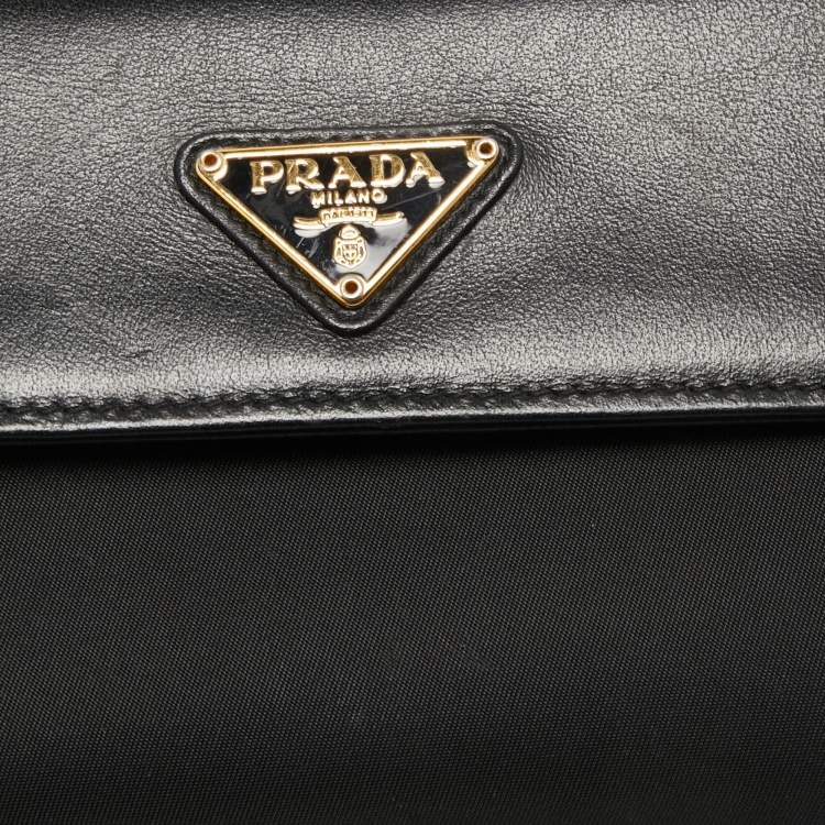 Pre Owned Prada Black Nylon and Leather Logo Flap Wallet on Strap