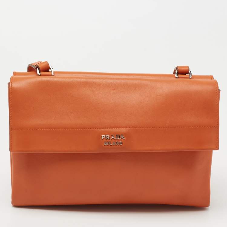 Pre Owned Prada Orange Leather Double Sided Flap Crossbody Bag
